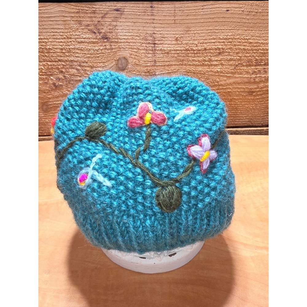 World Market Teal Wool Knit Floral Embroidered Beanie Fleece Lined Made in Nepal